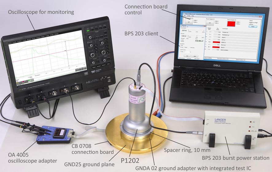 Measurement set-up with P1202 L-ESD Magnetic Field Source Langer Pulse 0.2/2.5 ns 
